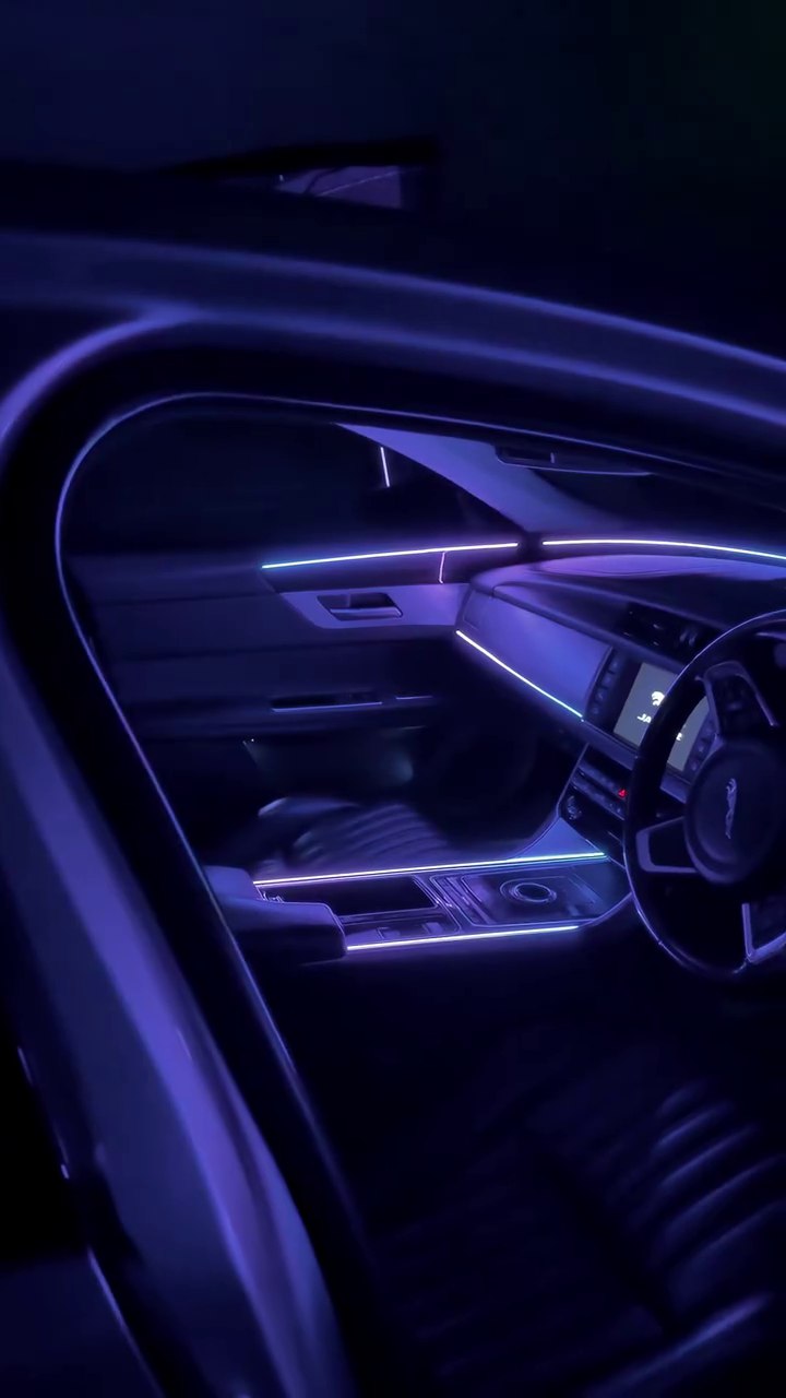 Blue and purple ambient lighting in a car interior