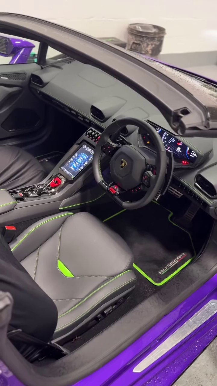 Interior and cockpit of a purple Lamborghini